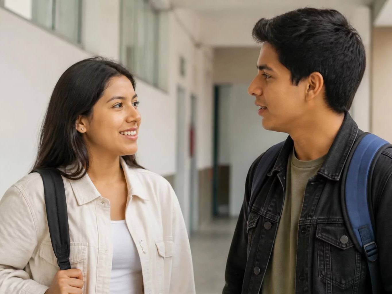 Dos estudiantes con mochila conversando en un pasillo universitario